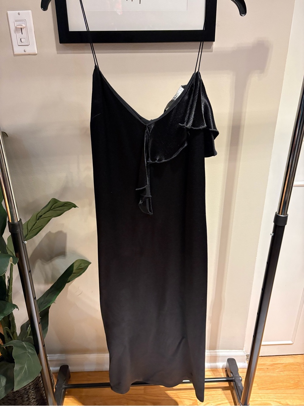Zara Black Satin Ruffle Spaghetti Strap V-Neck Midi Slip Dress - Size S